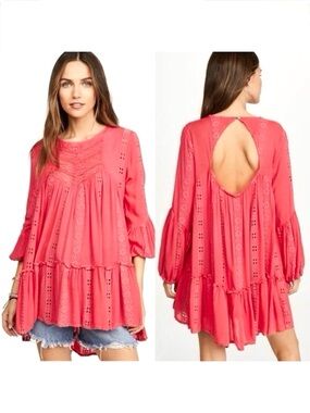 Free People Sweetest Dream Tunic Top L Coral Pink Boho Open Back NWT